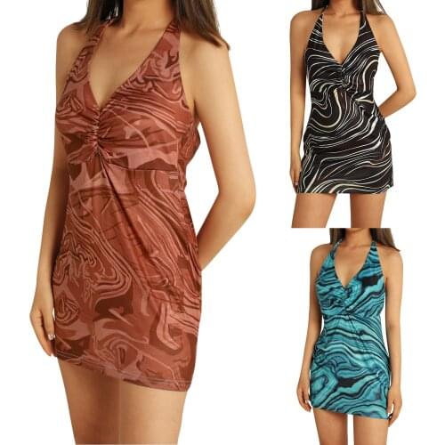 Abstract Stripe Printing Skinny Dress Sexy Halter V-Neck Sleeveless Backless Wild Women Ladies Summer Chic Mini Dress