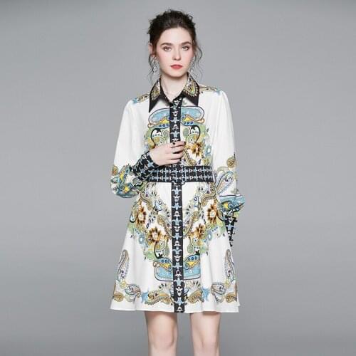 Vintage Totem Pattern Print Single-Breasted Shirt Dress 2020 New Arrival Women Long Sleeve Loose Belt Mini Dress Vestido k8146
