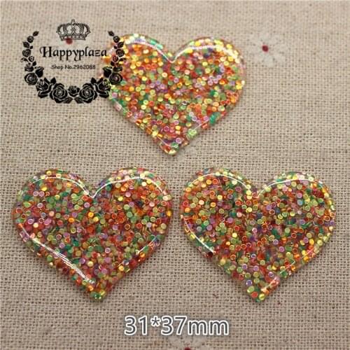 10pcs Kawaii Resin Glitter Colored Filled Heart Flatback Cabochon Art Supply Decoration Charm Craft DIY Accessories,31*37mm