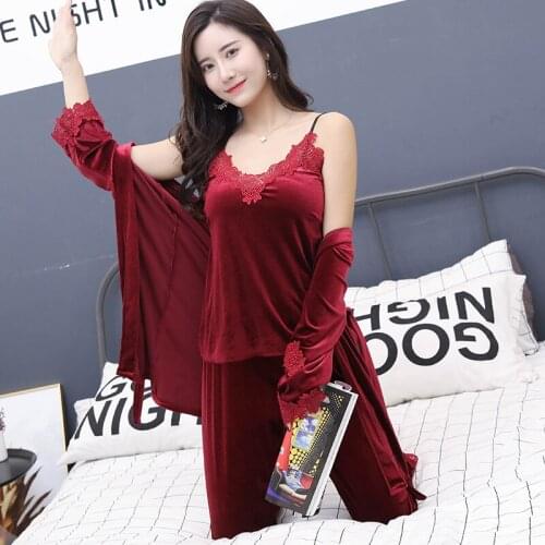 3 Pcs Gold velvet Winter Pajama set Warm Lace cutout sleeves+ Pants Pajamas For Women Sleepwear Kit Nightdress Nightwear Pants