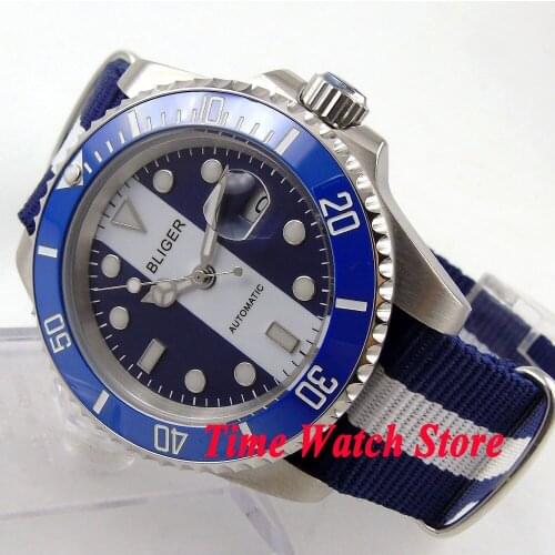 Bliger 40mm blue white dial luminous ceramic bezel Automatic movement watch 144