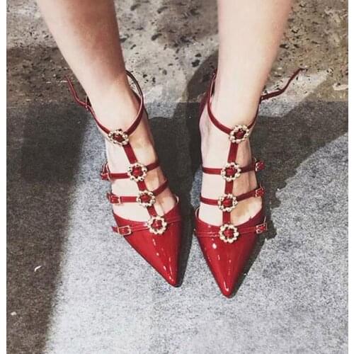 Carpaton Hot Selling Woman High Heel Shoes 2019 Newest Thick Heels Crystal Flower T-strap Pumps Pointed Toe Cutouts Shoes