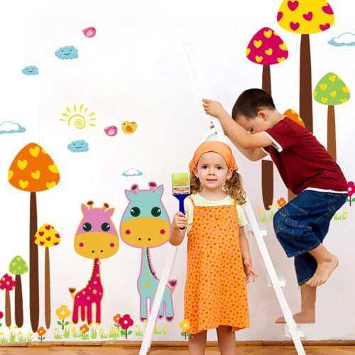 Cartoon Giraffe Wall Stickers Animal Forest Wallpaper for Childrens Kids Room Living Room Decoration Self Adhesive PVC Posters