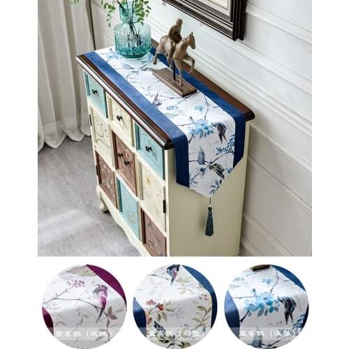 American Table Runner Birds Leaves Printed Table Runners Party Hotel Wedding Tea Table Decor Cotton Linen Table Covers Tassels