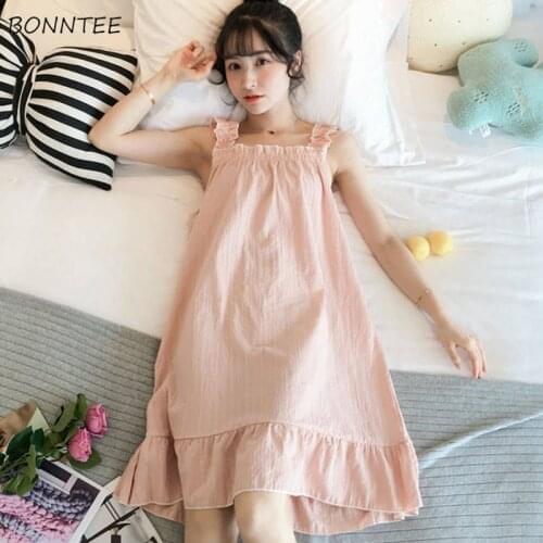 Nightgowns Women Spaghetti Strap Thin Leisure Girls Sleepwear Sweet Loose Comfortable Ruffles Various Colors Simple Knee-length