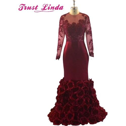 Saudi Arabia Elegant Long Sleeves See Through Burgundy Mermaid Mother Dress Prom DressesFlower Bottom Plus Size Long Celebrity