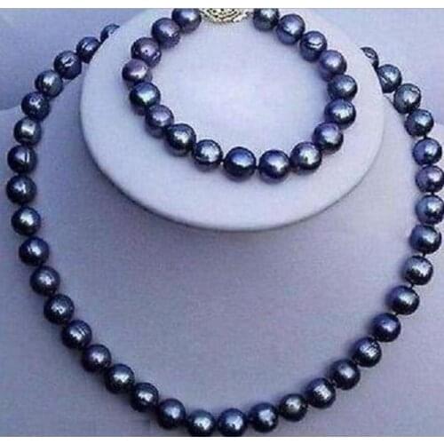 Stunning 8-9mm tahitian black pearl necklace bracelet set 14k