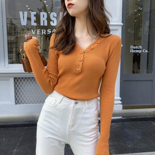 V-neck Button Long-sleeved Stretch Pullover Sweater Slim All-match Korean Style Knitted Top Ladies Bottoming Shirt Autumn Winter