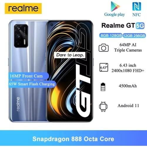 Realme GT 5G NFC Mobile Phones 6.43" Snapdragon 888 Octa Core 4500mAh Battery 64MP AI Triple Cameras Android 11 Smartphones