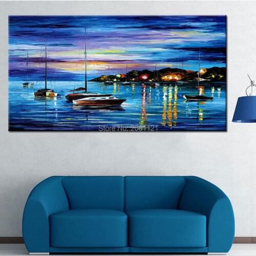 Hand Painted blue seascape wall painting peaceful Quiet night of harbor canvas picture Boat scenery Home Decor Oil Painting