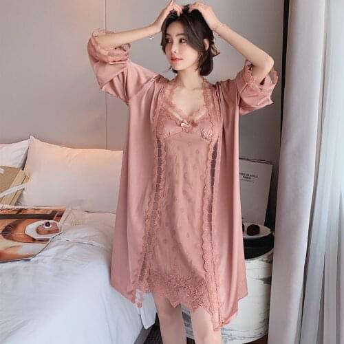 Sexy Women 2PCS Wedding Nighty Robe Gown Set Lace Sleepwear Pajama Dress Long Sleeve V-neck Pijamas Kimono Home Lounge Suit