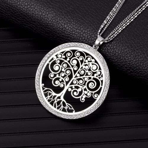 Silvery Tree Of Life Necklaces for Women Long Sweater Chain Necklaces female Rhinestone Round Pendant Gift 2020 wholesale price