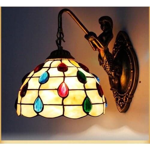 Modern pastoral tail Shell Mermaid LED Wall Lamp 8 inch Mediterranean Tiffany Mirror Front Wall Light Home Indoor Lighting