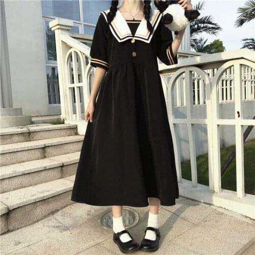 Japanese New Summer Cute Soft Girl College Style JK Dress Kawaii Sailor Collar Short Sleeve Sweet Loose Splicing Long Dresses
