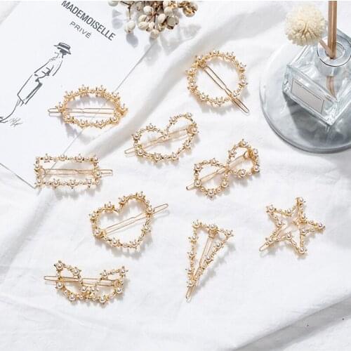 Vintage Multiple Simulated Pearls Gold Color Metal Hair Pins Love Heart Geometric Bridal Hair Accessories For Women Jewelry