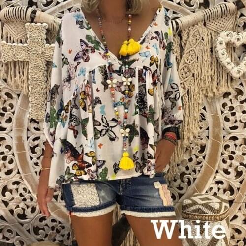 Bigsweety New Fashion Butterfly Printing Blouse Women Autumn Long Sleeve V-neck Casual Loose Tops Cotton Blend Tees Plus Size