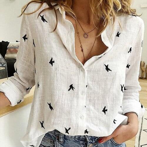 Plus Size 5XL Womens Birds Print Shirts Cotton Long Sleeve Female Tops 2021 Spring Summer Loose Casual Office Ladies Shirt