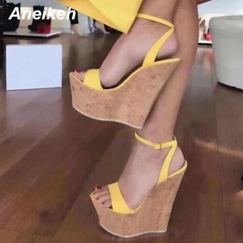 Aneikeh Fashion PU Women Wedges Heeled Sandals Ankle Strap Pumps Super High Heels 15CM Peep Toe Buckle Strap Dress Lady Shoes