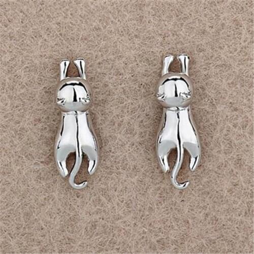925 Sterling Silver Cute Cat Stud Earrings For Women Wedding Jewelry Brincos Pendientes eh309