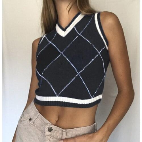 NEW 2021 Spring Women Retro Knit Waistcoat Argyle Pattern Ribbing Elastic Slim V-neck Sleeveless Sweater Preppy Style Pullover