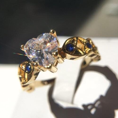 Heart Drill Zircon Blue Rings Floral Tip Shape Gold Wedding Ring for Women Micro-inlaid Simulation Ring Jewelry Love Ring