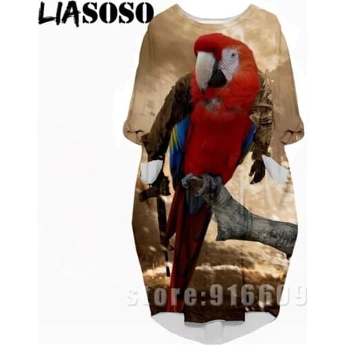 LIASOSO Animal Bird Parrot Dress 3D Printing Girl Street Interesting Fashion Trend Loose Long Sleeve Dress Woman Dress