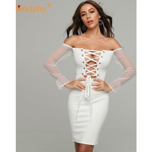 Elegant White Openwork Backless Sexy Midi Dress Ladies 2019 Autumn Party Night Fashion Bodycon Dress Ladies Club Dress