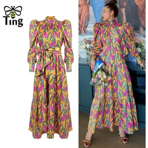 Tingfly Vintage Designer Runway Puff Sleeve Spring Autumn Midi Long Dresses Women Party Night Dresses Floral Sexi Aesthetic Robe