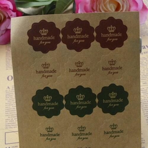 12/120PCS Vintage Flower Round Wave Kraft Paper 'handmade for you' seal Sticker for Handmade Products DIY Multifunctional Gift