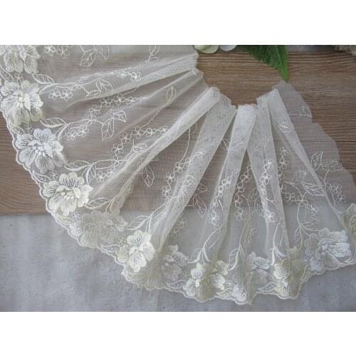 2Yards Handmade Light Yellow Flower Embroidery Lace Trim Tulle Mesh Wedding Hair Bow Clothes DIY Craft 18cm Fabric Sewing