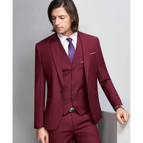 2021 Burgundy Business Mens Suits Notched Lapel Groom Tuxedo Party Slim Fit Mens Wedding Blazer Suit Terno Masculino 3 Pieces