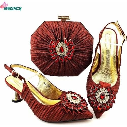 2021 High Quality New Design Italian Women Shoes and Bag Set in Wine Color Decorate with Rhinestone for Wedding Party