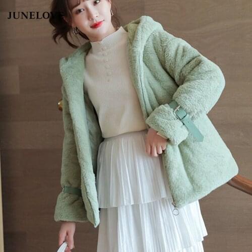 2021 Winter Warm Hooded Imitate Rabbit Mink Plush Padded Women Fur Coat Large Size Short Solid Color Fashion Womens Fur Coat