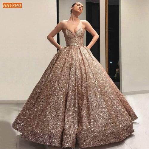 Sparkly Arabic Rose Gold Evening Dresses Long 2020 Sweetheart Ball Gown Women Gala Formal Dress Saudi Arabia Dubai Evening Gowns