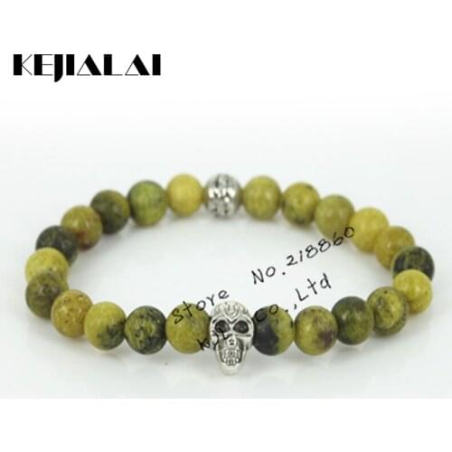 KEJIALAI 1pcs Beaded Cavemous Skull Head Mens Beads Bracelet Round Bead Natural Straw Yellow Stone Bead Charm Women Bracelet
