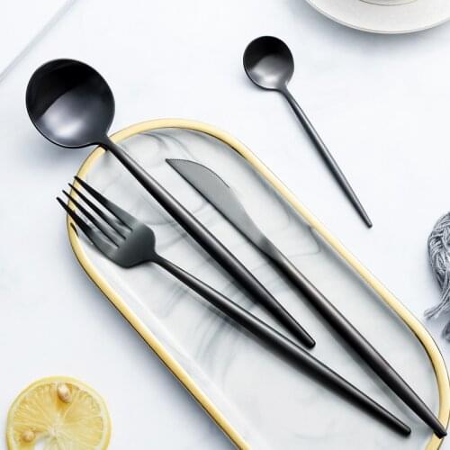 Black Cutlery Set Round Handle Dinnerware Set 18/10 Stainless Steel Dining Spoon Fork Knife Kit Matte Tableware Set Dropshipping