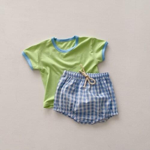 Children Summer Short Sleeve Suit 2021 New Simple Splicing Top Lattice Korean Shorts Boys and Girls Loose and Casual Two Piece