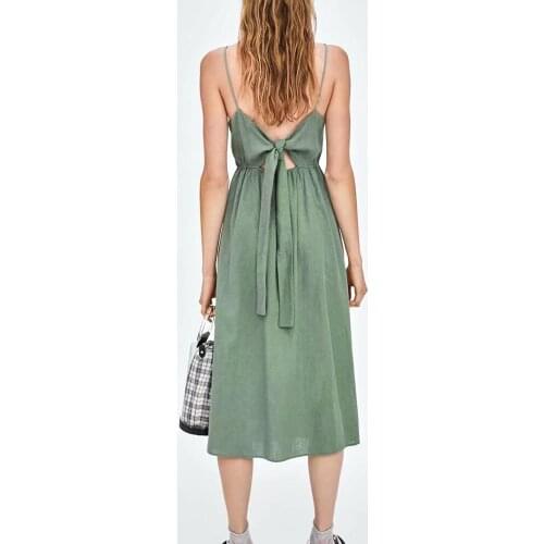 Summer Women Sexy V Neck Strappy Dress Solid Green Cotton Linen Vestido Casual Female Sundress Robe Slip Dress