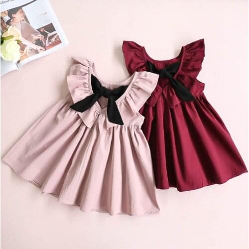 Cute Toddler Girls Dress Sleeveless Backless Cotton Bow A Line Pleated Dress Summer 2019 Solid Children Dresses Girls Clothes