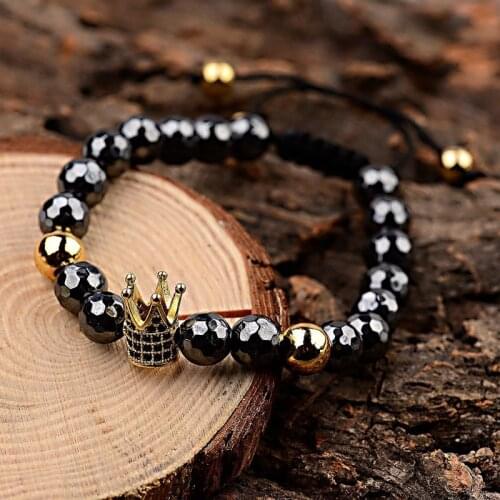 Crown Black CZ Zircon Pave Hematite Weaving Bracelet Men Beads Bracelets&Bangles Homme Adjustable Dropshipping