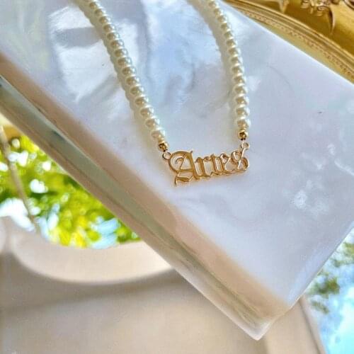 Zodiac Necklace For Women Gold Leo Capricorn Imitation Pearl Necklace Gemini Aries Aquarius Letter Choker Necklaces BFF