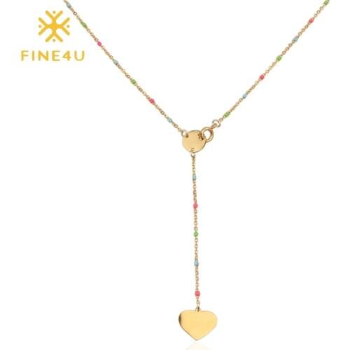 FINE4U N206 Heart Coin Pendants Necklace For Women Stainless Steel Chain Rosary Beads Necklace Wholesale Dropshipping