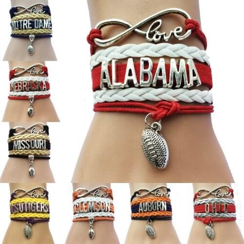 Drop Shipping 8 Styles American College Football Bracelets Charm Teams Club Friendship Wrapped Leather Braid