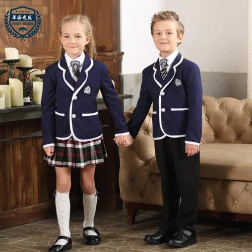 Girls School Uniform British Style Kindergarten Uniform Primary School Clothes Student Coat 4pcs Full Set Coat Shirt Ect D-0511