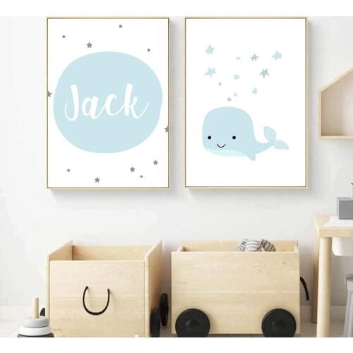 Blue Whale Canvas Print Baby Custom Name Wall Art Poster Nursery Prints Painting Nordic Wall Pictures Kids Boys Room Decoration