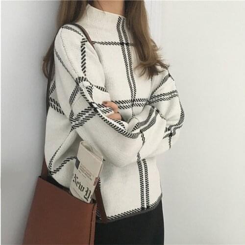 Sweaters Womens Knitted Turtleneck Long Sleeve Plaid Pullovers Autumn Winter Elegant Femme Checked Sweater Women Knitwear Mujer