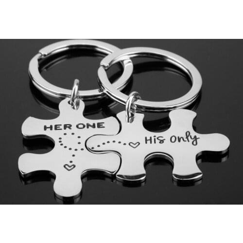 1 Pair Unique Her One His Only Couple Keychain Creative Silver Color Puzzle Car Keyring Lovers Gifts Key Chain Accessories
