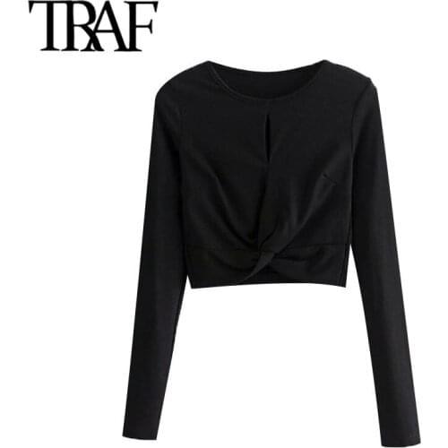 TRAF Women Fashion Hollow Out Ribbed Cropped Blouses Vintage O Neck Long Sleeve Female Shirts Blusas Chic Tops