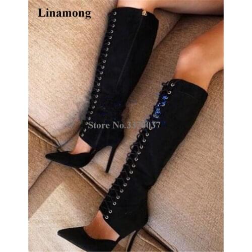 Women Sexy Fashion Pointed Toe Black Suede Leather Knee High Gladiator Boots Lace-up Thin Heel Long High Heel Boots Party Shoes