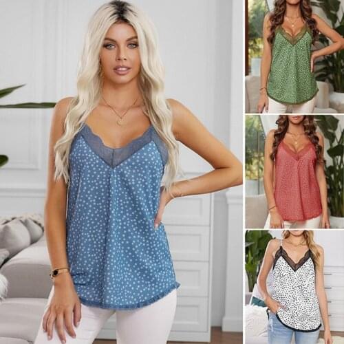 Women Summer Lace Top Leopard Print Tank Elegant Loose V Neck Vest Ladies Strappy Camisole